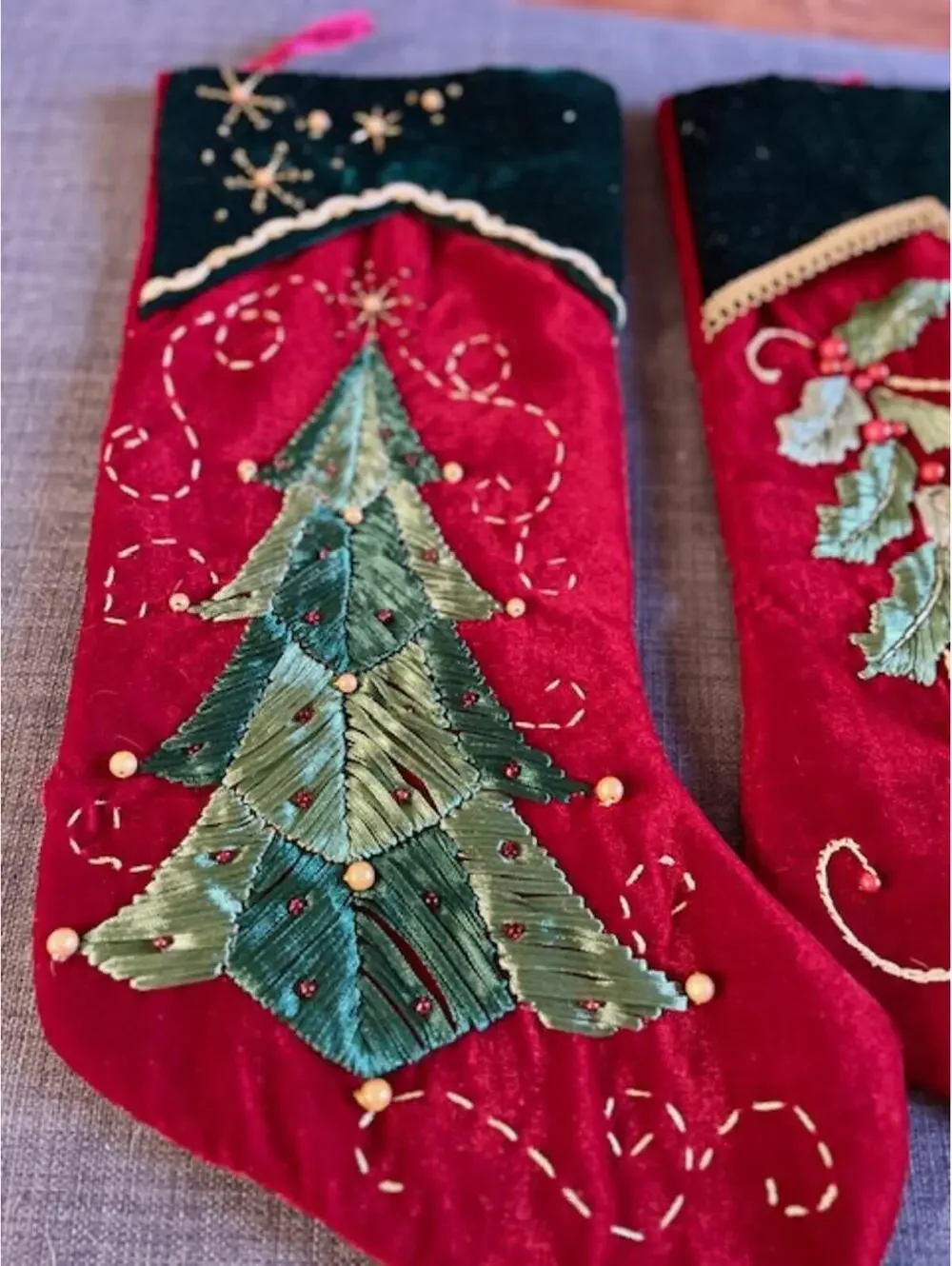 Pair of Embroidered Christmas Stockings with Tree and Holly Designs